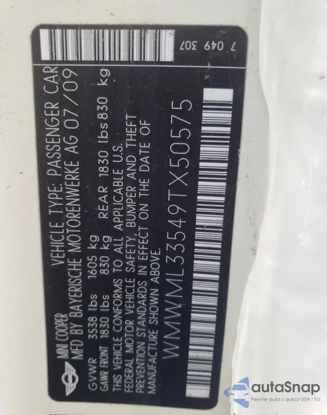 2009 Mini Cooper Clubman из США, поврежденный, VIN WMWML33549TX50575